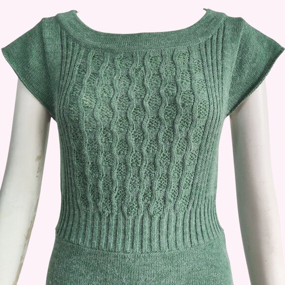 Tulle Office Siren Curvy Cable Knit w Rib Bodice Belt Back Sage Sweater Dress M - Picture 5 of 13